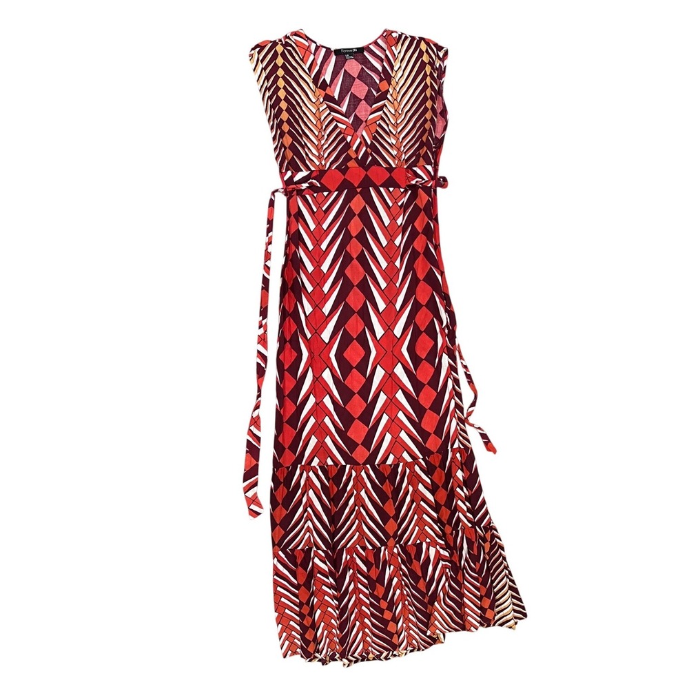 Forever 21 Womens Red Orange Geometric Print V-Neck Sleeveless‎ Maxi Dress Large